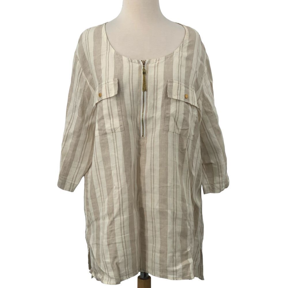 Ellen Tracy Womens Linen Hi-Low Roll Tab Sleeve Cream Beige Stripe Tunic Boho XL